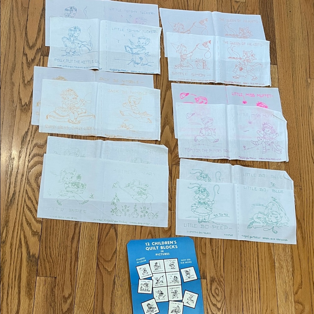 Vtg Children’s Quilt Block Patterns Nursery Rhymes Stamped 8”x8” 2Sets 24 Total